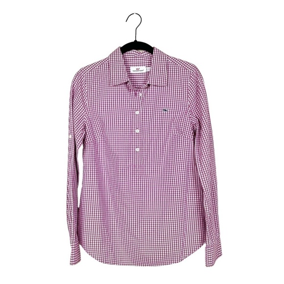 Vineyard Vines Purple Popover Shirt Gingham Plaid Roll Tab Sleeve Woven Size 0 - Picture 1 of 6